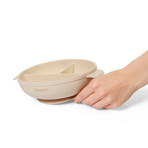 Baby Ono Beige Siliconen Bord met Zuignap & Deksel