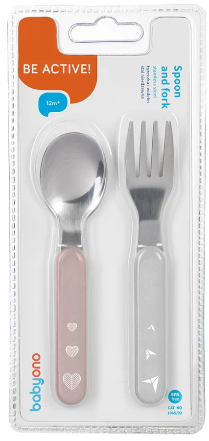 Baby Ono Roze/Grijs Hartjes Vork en Lepel Set
