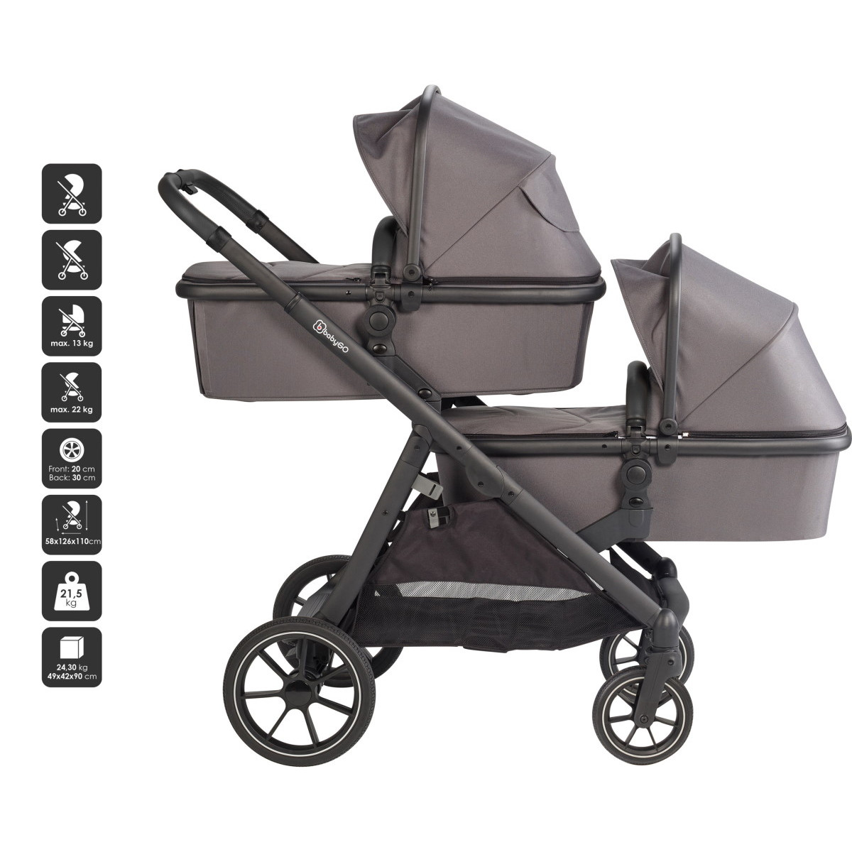 Babygo Duo Mega Grey Tandem Kinderwagen Incl. 2 Autostoelen MamaLoes