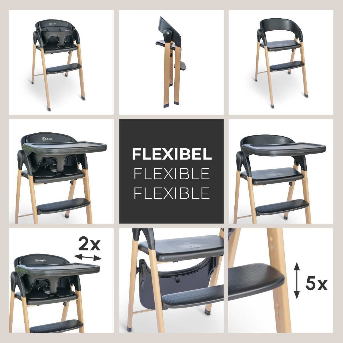 BabyGo Levels Black Wood Kinderstoel