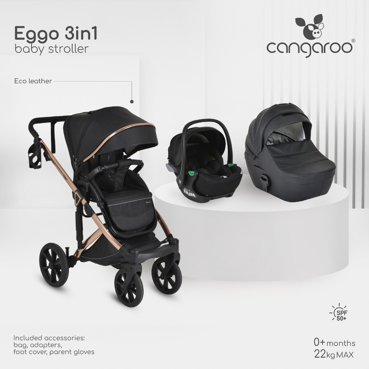 Cangaroo Eggo Caviar Black 3-in-1 Kinderwagen