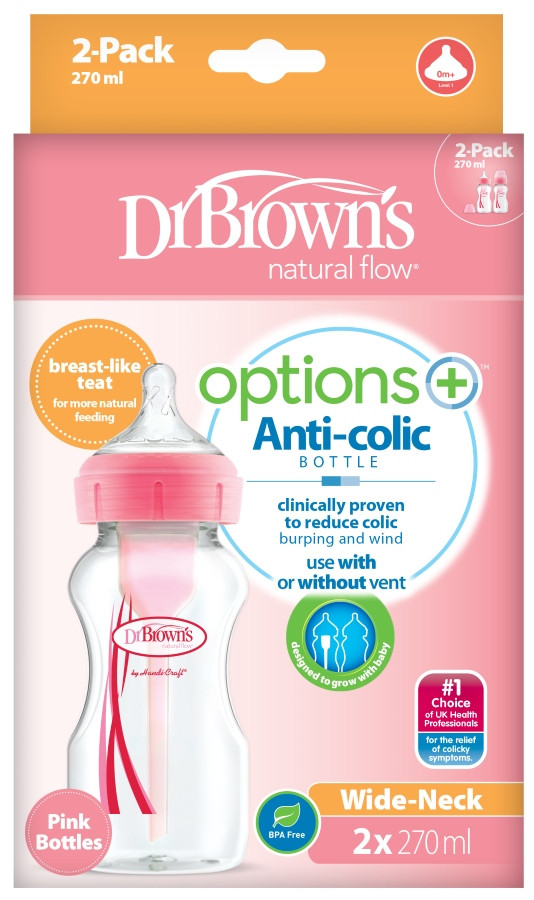 Dr Brown's Options+ Anti-colic 270 ml Roze 2-pack Brede Hals Fles