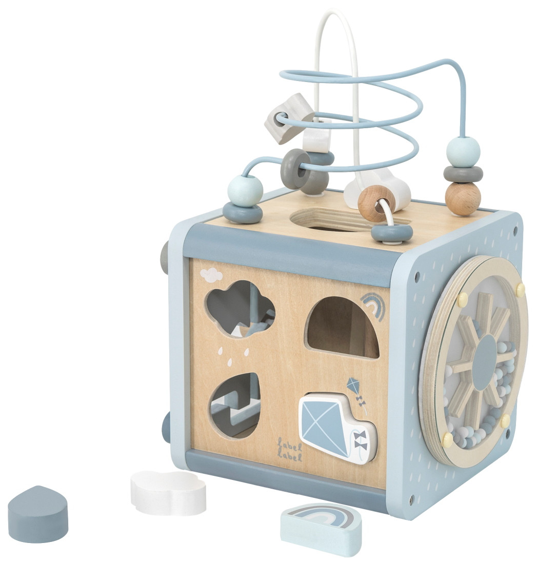 Label Label Blauw Houten Activiteitenkubus