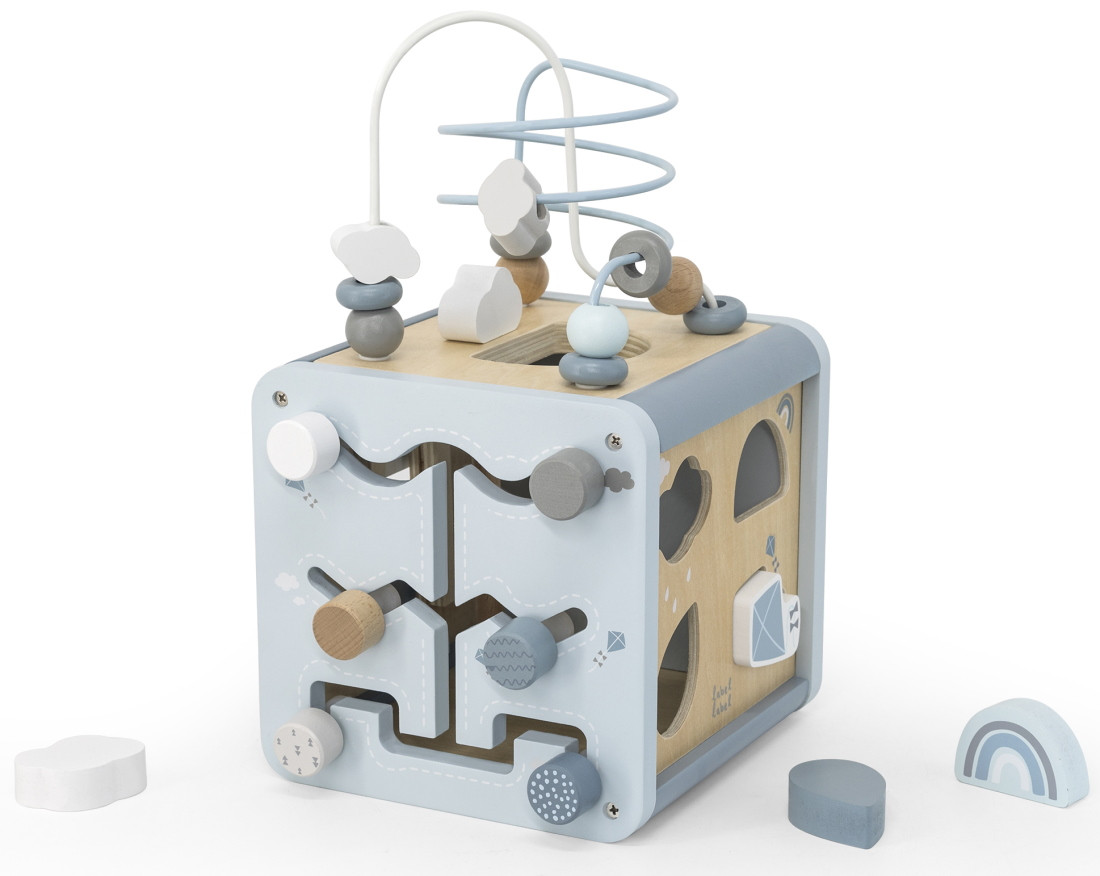 Label Label Blauw Houten Activiteitenkubus