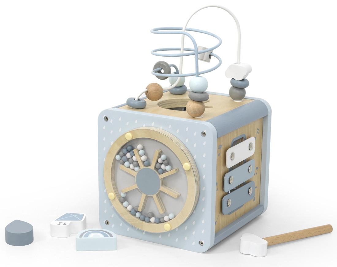 Label Label Blauw Houten Activiteitenkubus