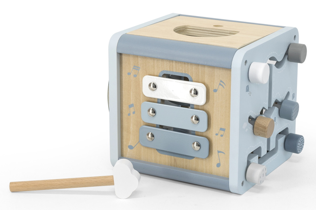 Label Label Blauw Houten Activiteitenkubus