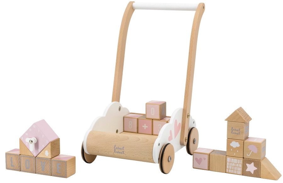 Label Label Roze Houten Loopwagen Met Blokken