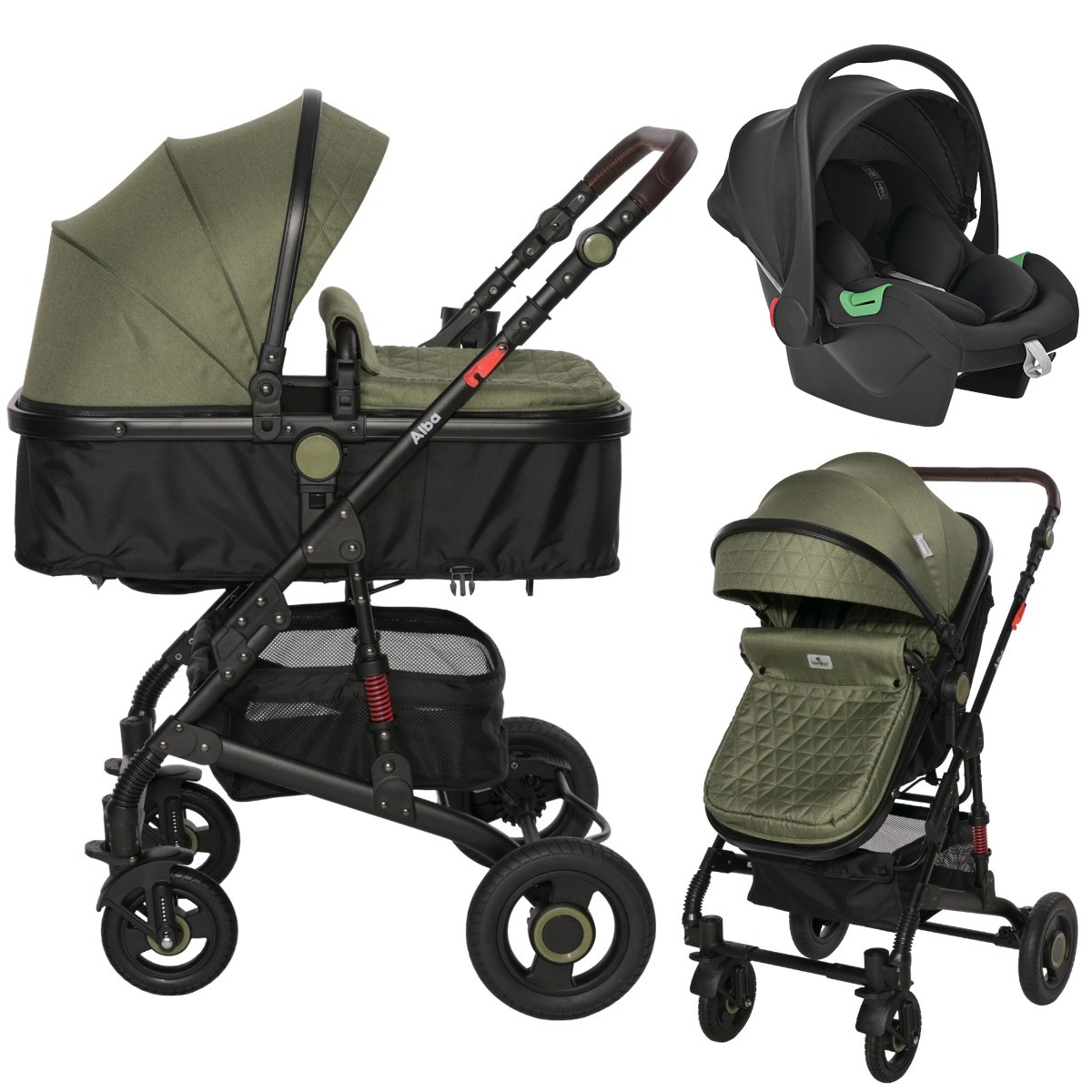 Lorelli Alba Premium Loden Green 3 in 1 Combi Kinderwagen incl. Spirit Autostoel MamaLoes
