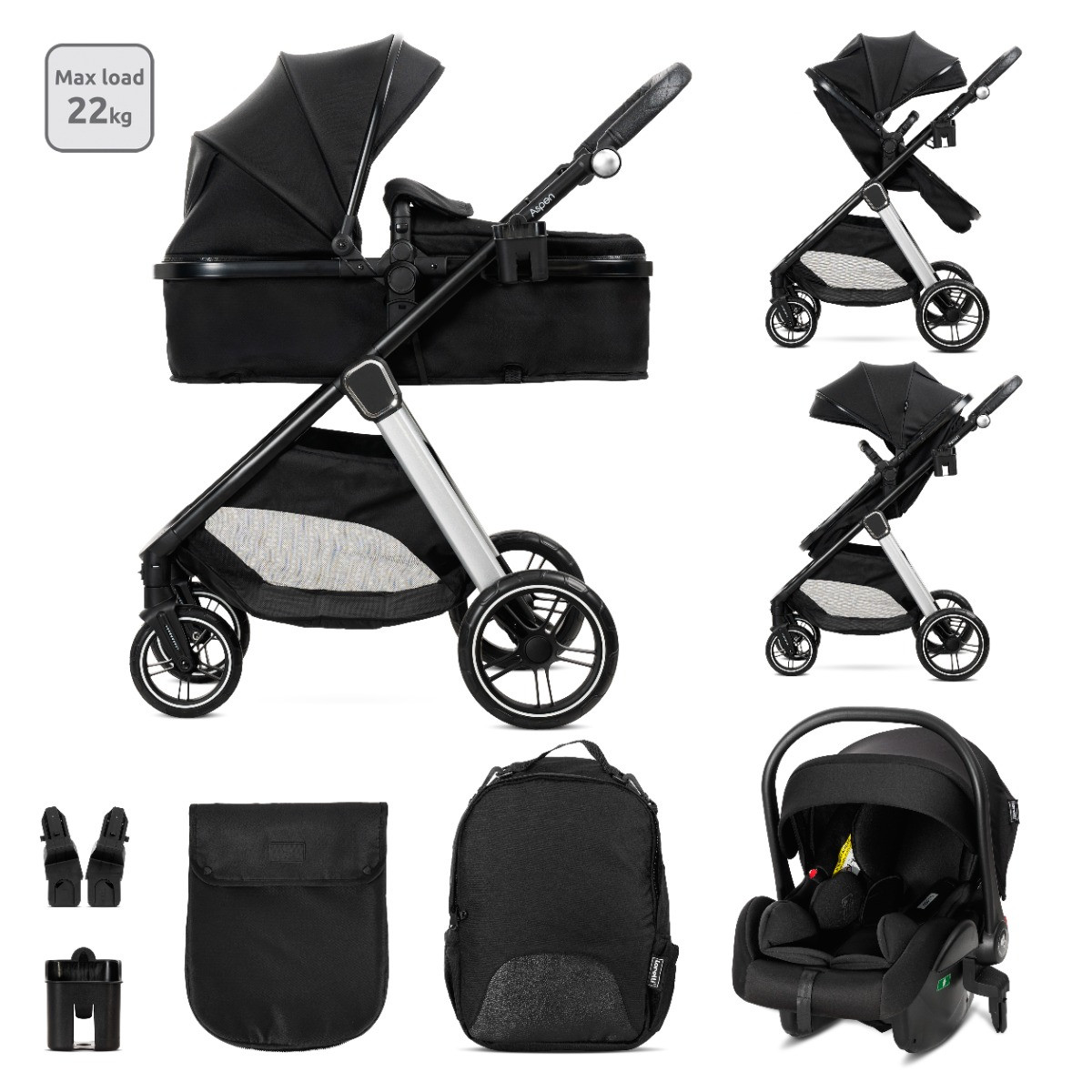 Lorelli Aspen Black 3-in-1 Combi Kinderwagen incl. i-Size Autostoel