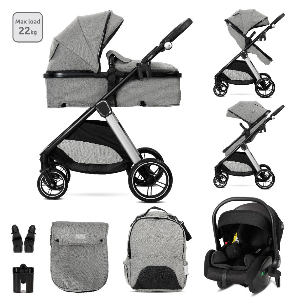 Lorelli Aspen Grey 3-in-1 Combi Kinderwagen incl. i-Size Autostoel