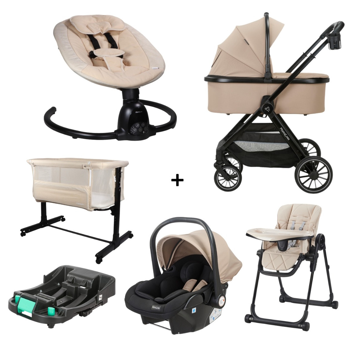 Set MamaLoes Bodi Nougat/Beige: Kinderwagen, Autostoel, Base, Wieg, Schommel & Stoel