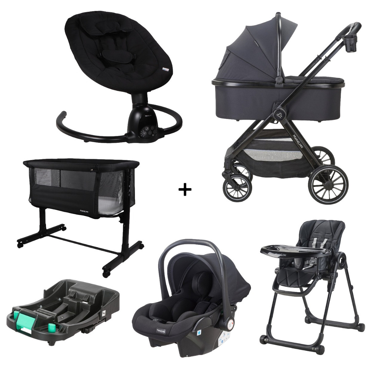 Set MamaLoes Bodi Zwart/Zwart: Kinderwagen, Autostoel, Base, Wieg, Schommel & Stoel