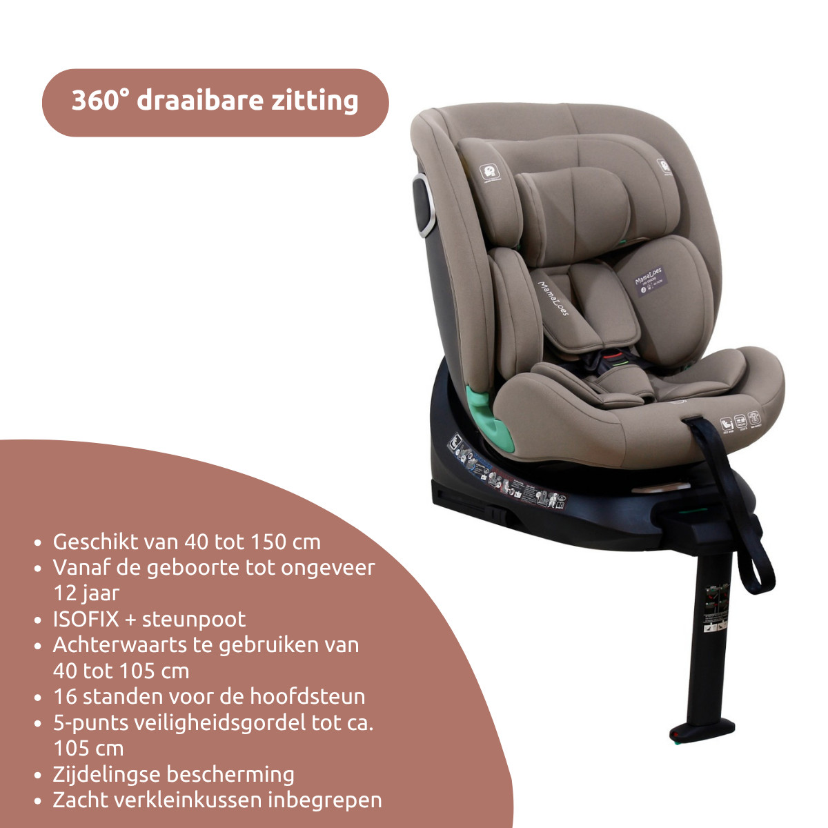 MamaLoes Demian Taupe 40-150 cm 360° i-Size Autostoel