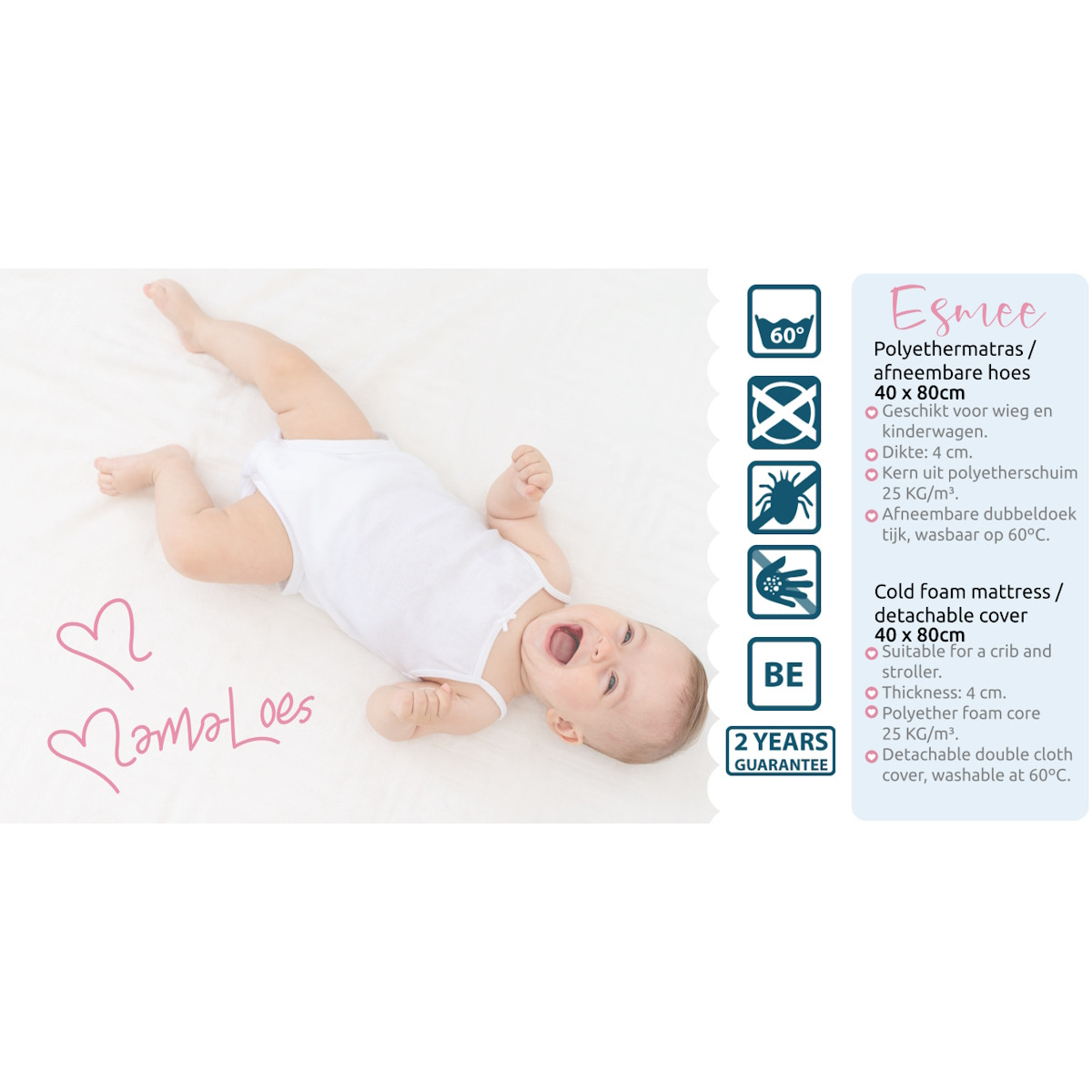 MamaLoes Esmee 40x80x4 cm Kinderwagen- en Wiegmatras