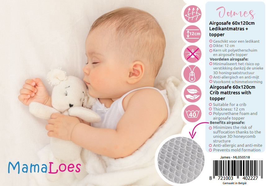 MamaLoes James 60x120cm Ledikantmatras + Luchtdoorlatende Topper