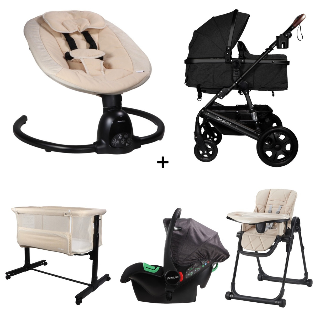Set MamaLoes Marly Antraciet/Beige: Kinderwagen, Autostoel, Wieg, Schommel en Stoel