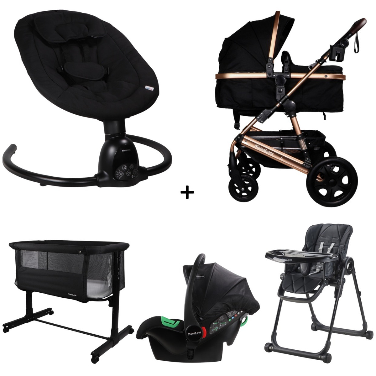 Set MamaLoes Marly Rose/Zwart: Kinderwagen, Autostoel, Wieg, Schommel en Stoel