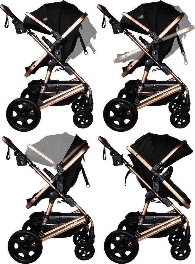 Set MamaLoes Marly Rose/Zwart: Kinderwagen, Autostoel, Wieg, Schommel en Stoel