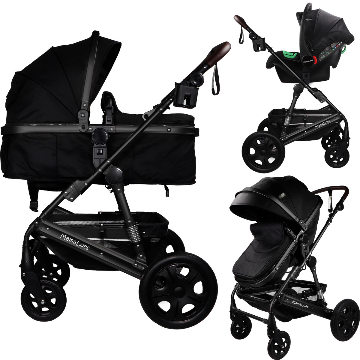 MamaLoes Marly Zwart 3-in-1 Combi Kinderwagen incl. Autostoel