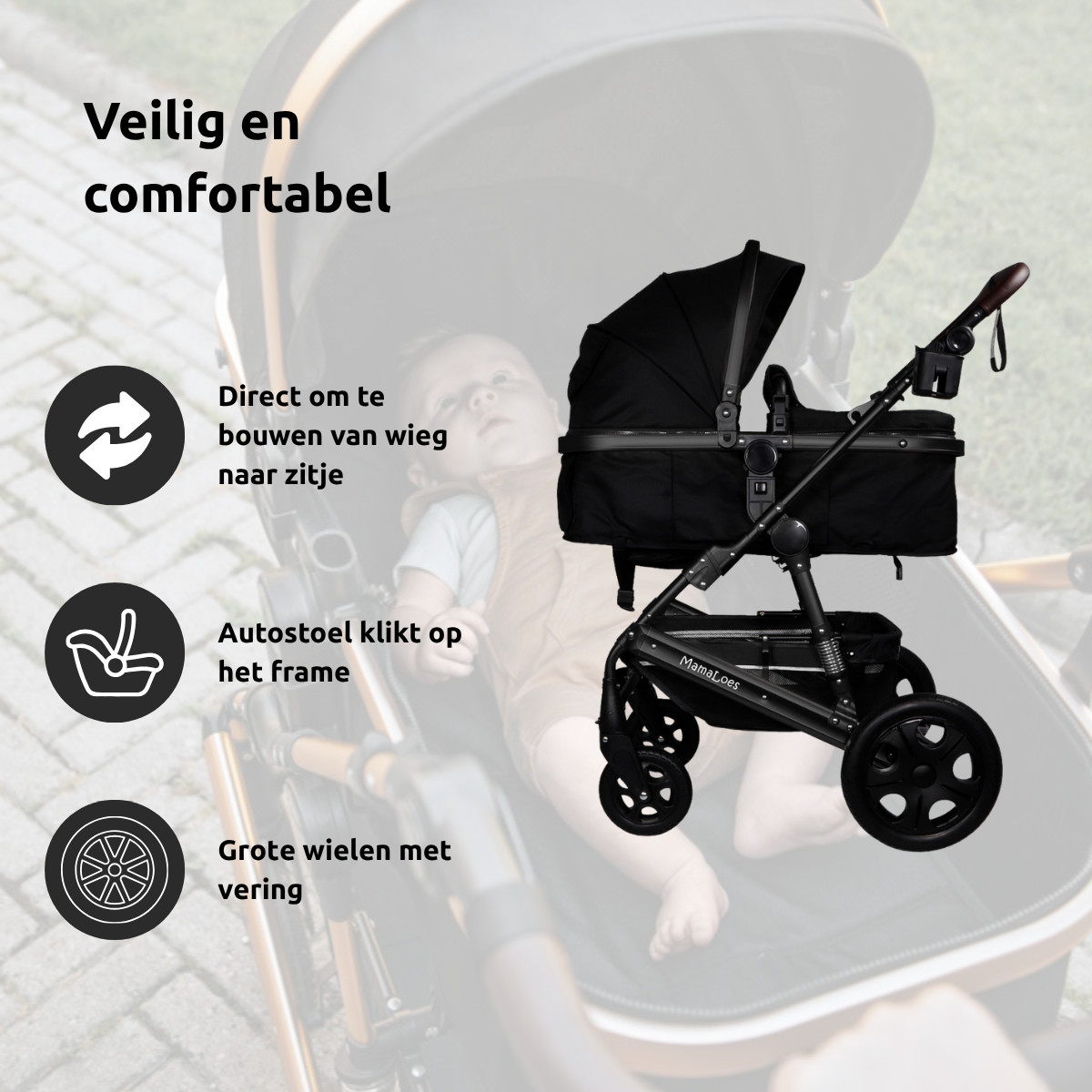 MamaLoes Marly Zwart 3-in-1 Combi Kinderwagen incl. Autostoel