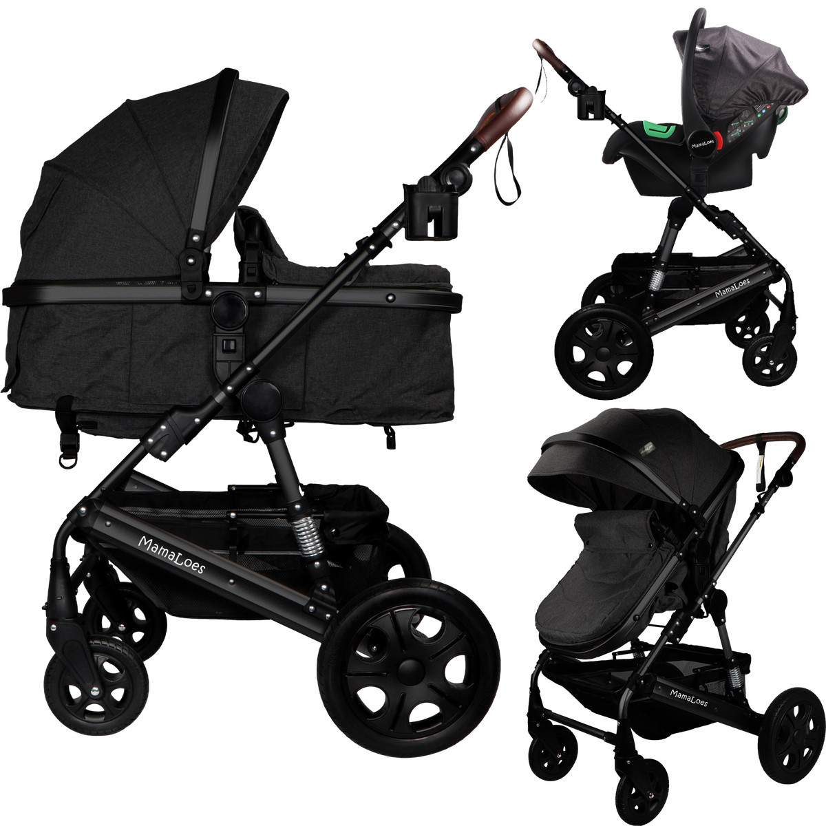 MamaLoes Marly Zwart/Antraciet 3-in-1 Combi Kinderwagen incl. Autostoel
