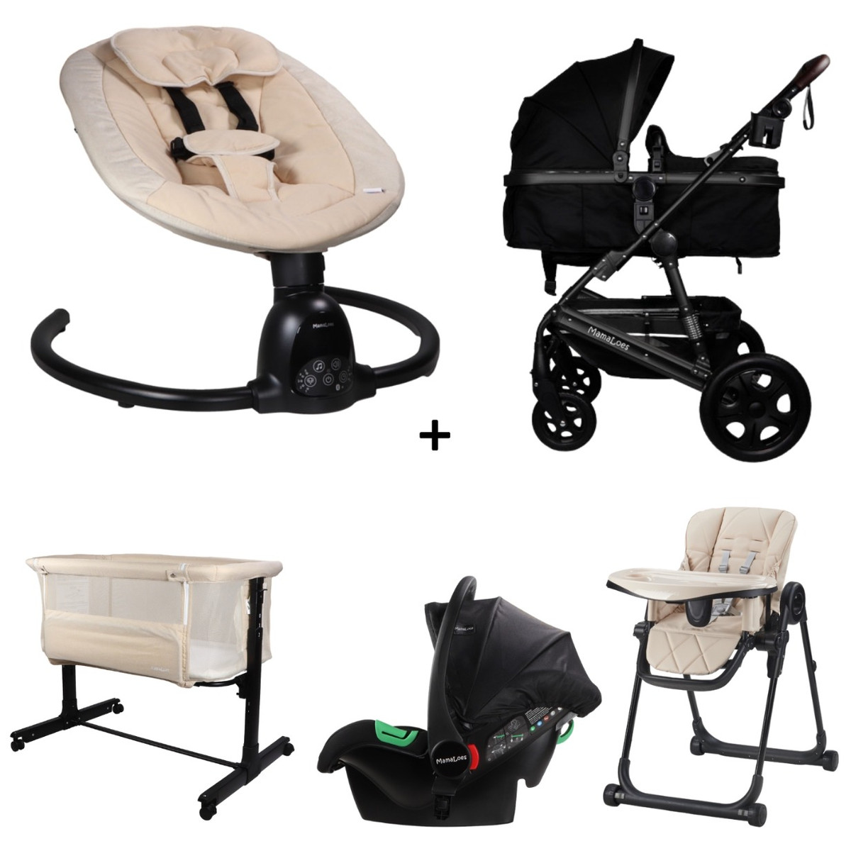 Set MamaLoes Marly Zwart/Beige: Kinderwagen, Autostoel, Wieg, Schommel en Stoel