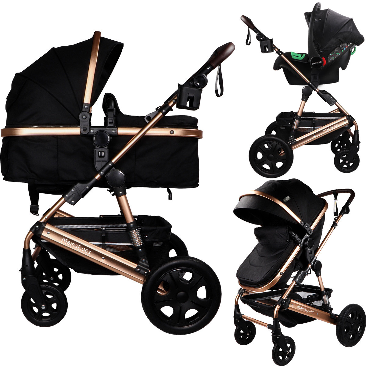 MamaLoes Marly Zwart/Rose 3-in-1 Combi Kinderwagen incl. Autostoel