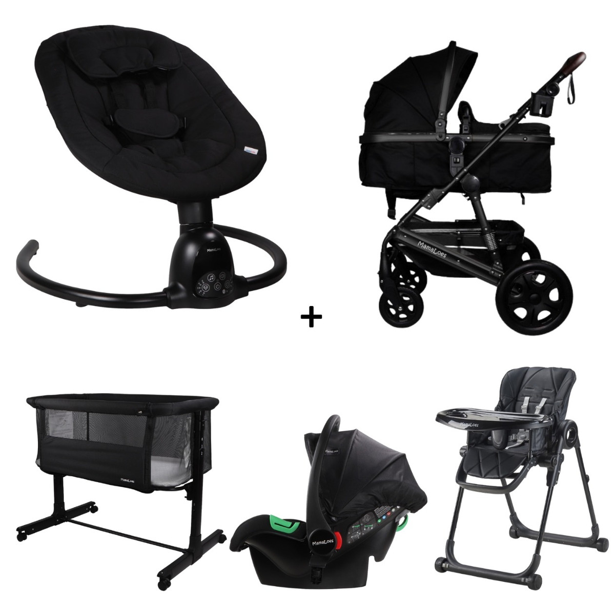 Set MamaLoes Marly Zwart/Zwart: Kinderwagen, Autostoel, Wieg, Schommel en Stoel