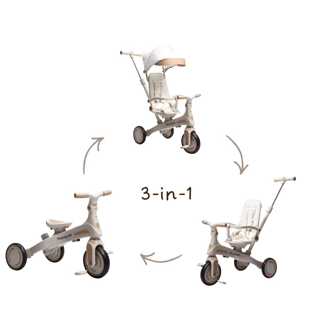 MamaLoes Quinn Beige Driewieler met Duwstang