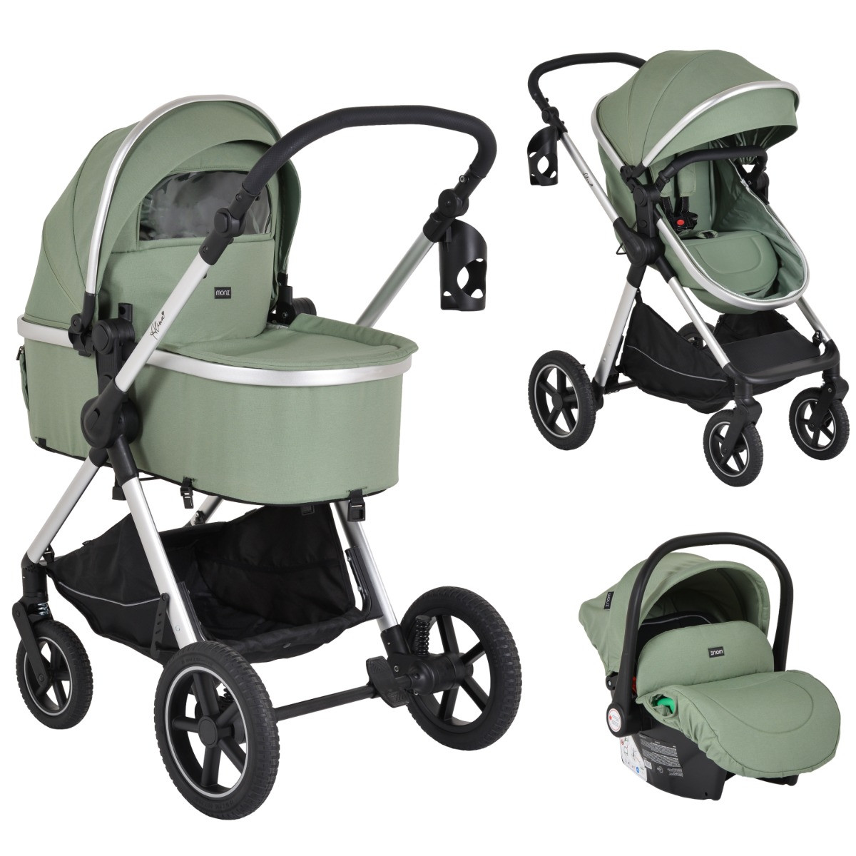 Moni Alina Dark Green 3-in-1 Combi Kinderwagen met i-Size Autostoel