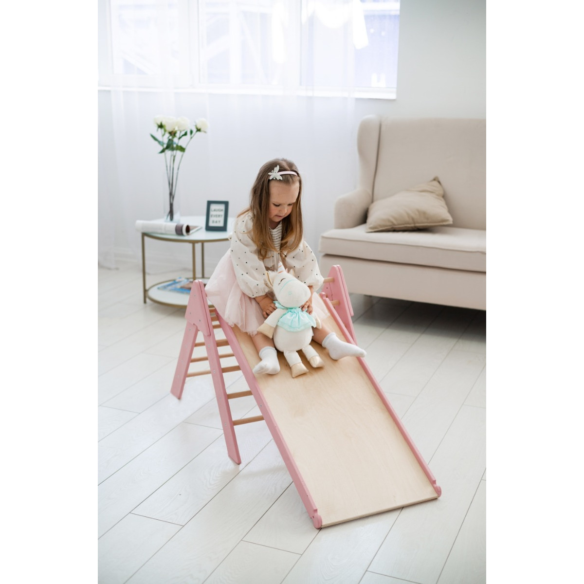Luna Toys Roze Houten Klimrek met Glijbaan