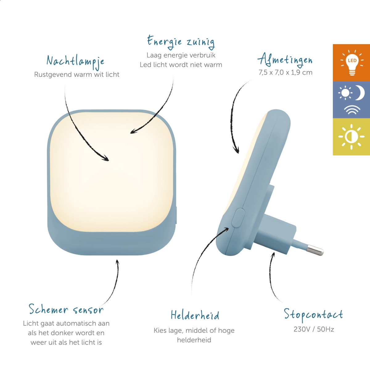 Zazu Blauw Automatisch Led Nachtlampje ZA-SOCKET-02