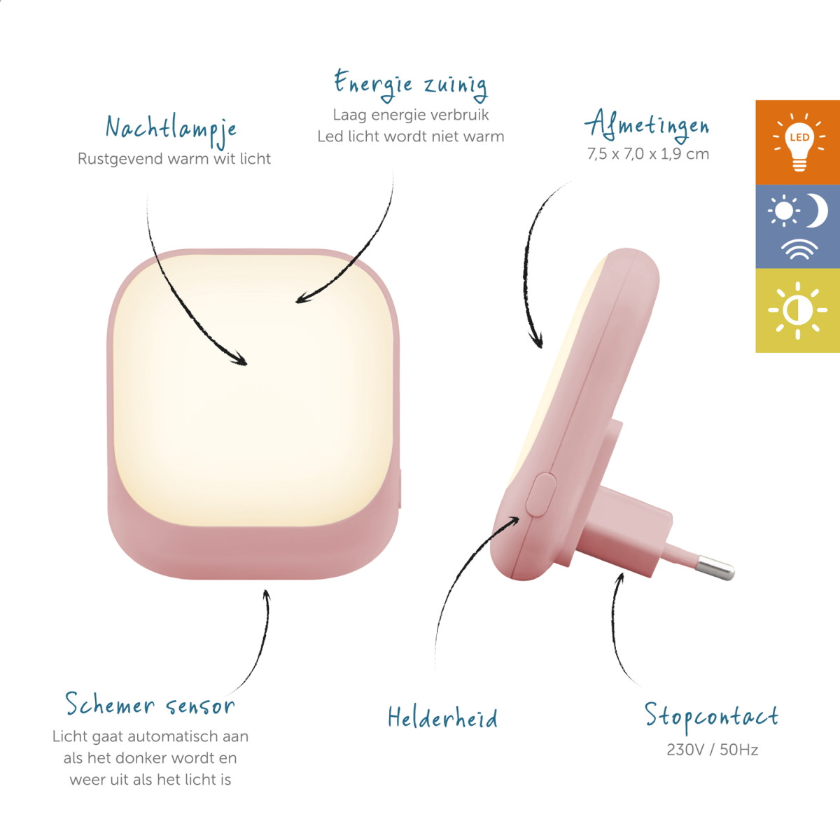 Zazu Roze Automatisch Led Nachtlampje ZA-SOCKET-03