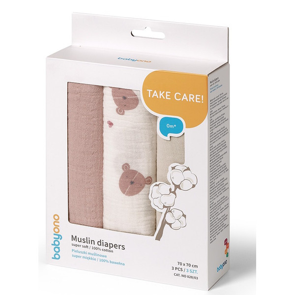Baby Ono Crinkled Oudroze/Creme 3 Stuks Hydrofiel Luiers