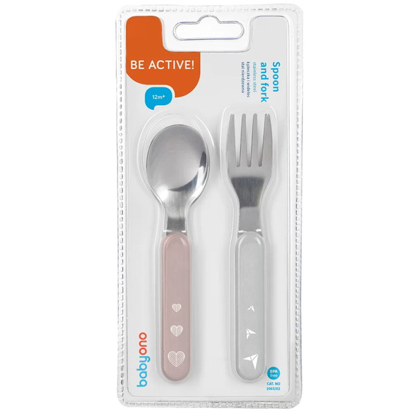 Baby Ono Roze/Grijs Hartjes Vork en Lepel Set