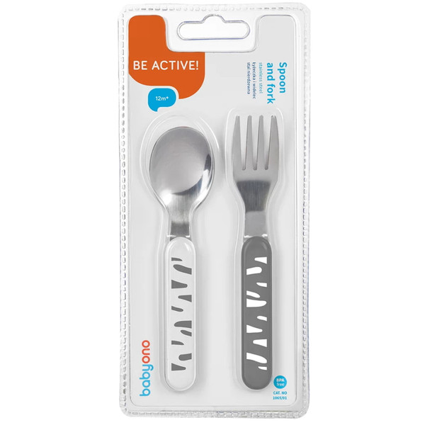 Baby Ono Wit/Grijs Strepen Vork en Lepel Set