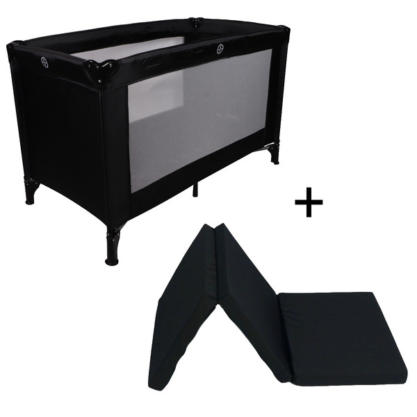 Ding Basic Black Complete Logeerset Campingbedje + Opvouwbaar Matras in Tas