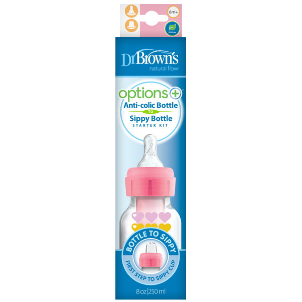 Dr Brown's Options+ Anti-colic 250 ml Smalle Hals Overgangsfles 2-in-1 Kit Roze SB8191-P3