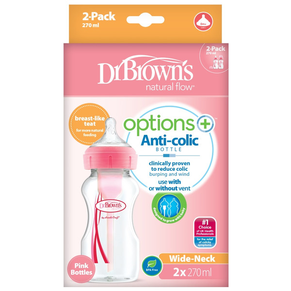 Dr Brown's Options+ Anti-colic 270 ml Roze 2-pack Brede Hals Fles WB92601-GBX +