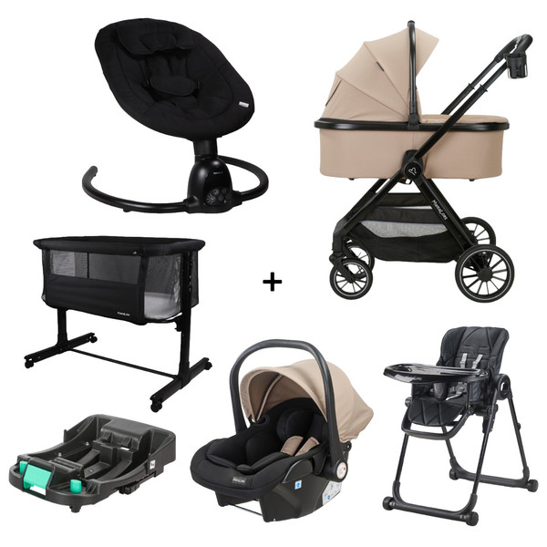 Set MamaLoes Bodi Nougat/Zwart: Kinderwagen, Autostoel, Base, Wieg, Schommel & Stoel