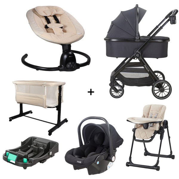 Set MamaLoes Bodi Zwart/Beige: Kinderwagen, Autostoel, Base, Wieg, Schommel & Stoel