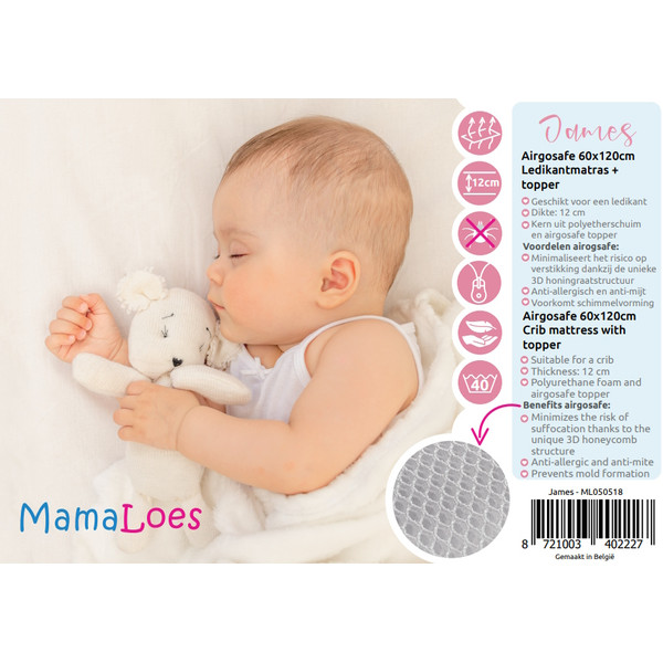 MamaLoes James 60x120cm Ledikantmatras + Luchtdoorlatende Topper KMML455