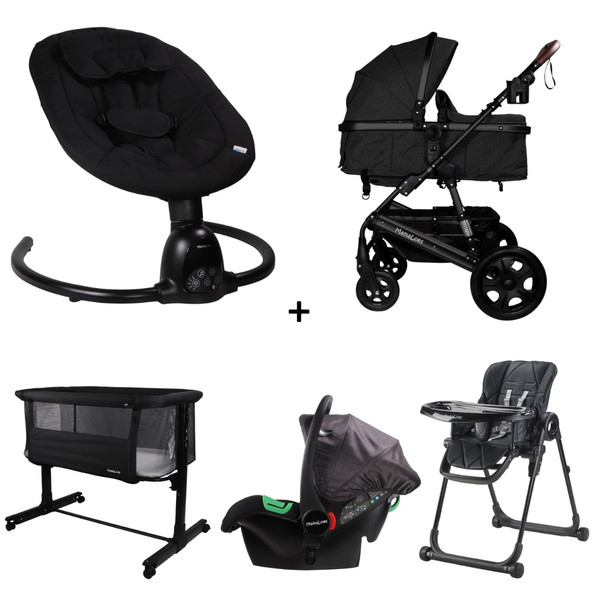 Set MamaLoes Marly Antraciet/Zwart: Kinderwagen, Autostoel, Wieg, Schommel en Stoel
