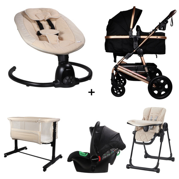 Set MamaLoes Marly Rose/Beige: Kinderwagen, Autostoel, Wieg, Schommel en Stoel