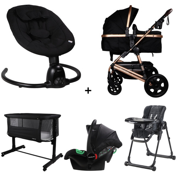 Set MamaLoes Marly Rose/Zwart: Kinderwagen, Autostoel, Wieg, Schommel en Stoel
