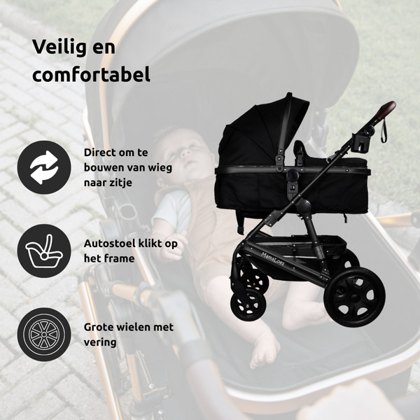 MamaLoes Marly Zwart 3-in-1 Combi Kinderwagen incl. Autostoel