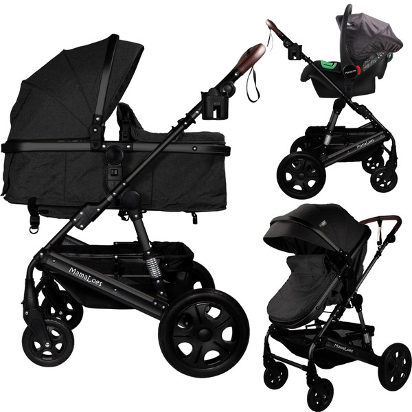 MamaLoes Marly Zwart/Antraciet 3-in-1 Combi Kinderwagen incl. Autostoel ML050103