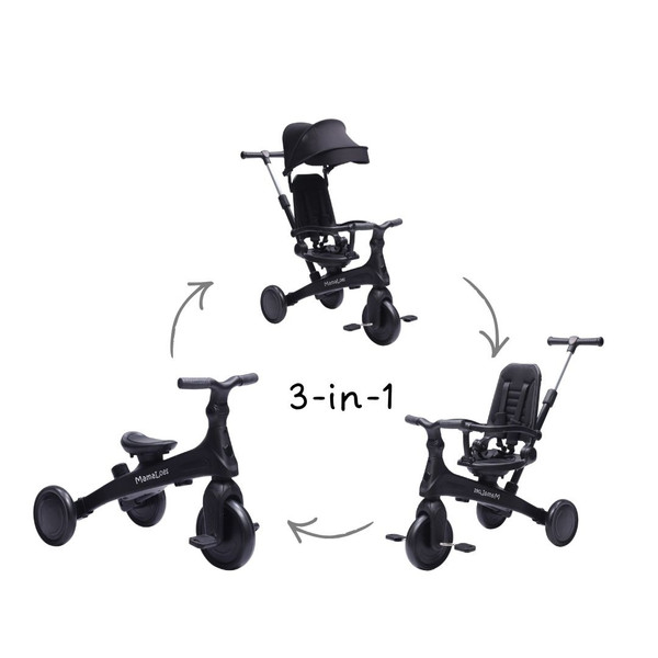 MamaLoes Quinn Zwart Driewieler met Duwstang
